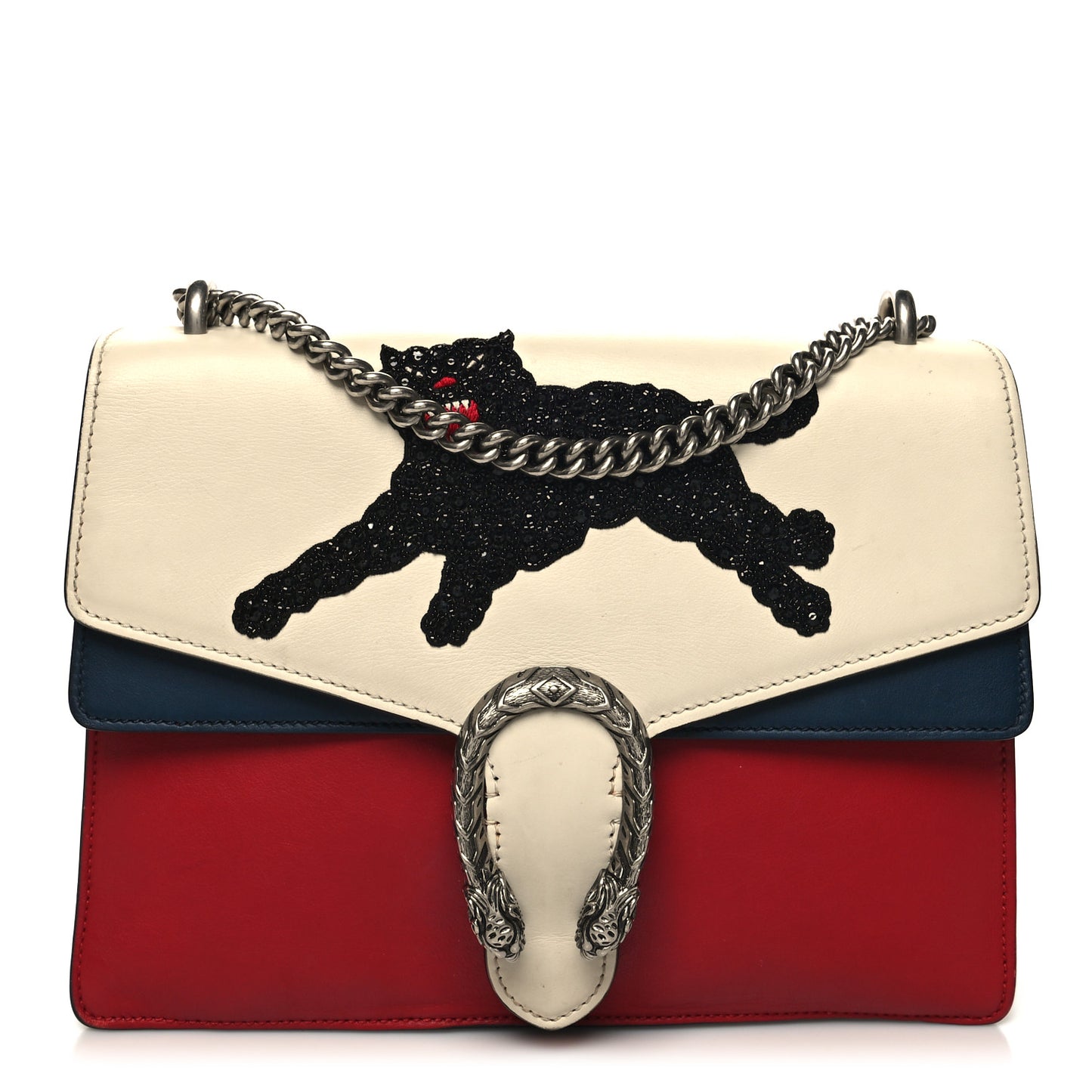Calfskin Panther Embroidered Medium Dionysus Shoulder Bag White Blue Hibiscus Red