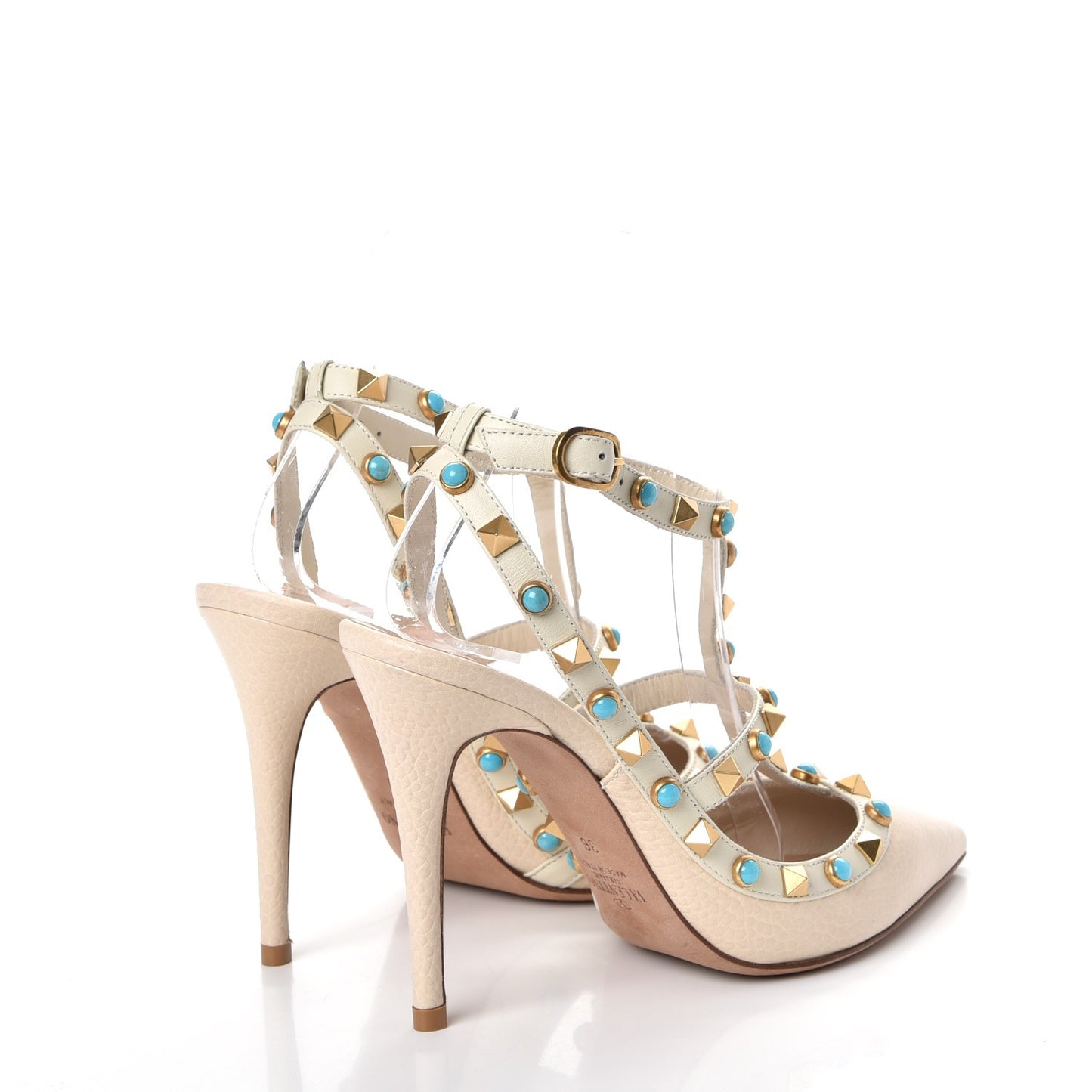 Pebbled Calfskin Turquoise Rockstud Rolling Ankle Strap 100mm Pumps 36 Ivory