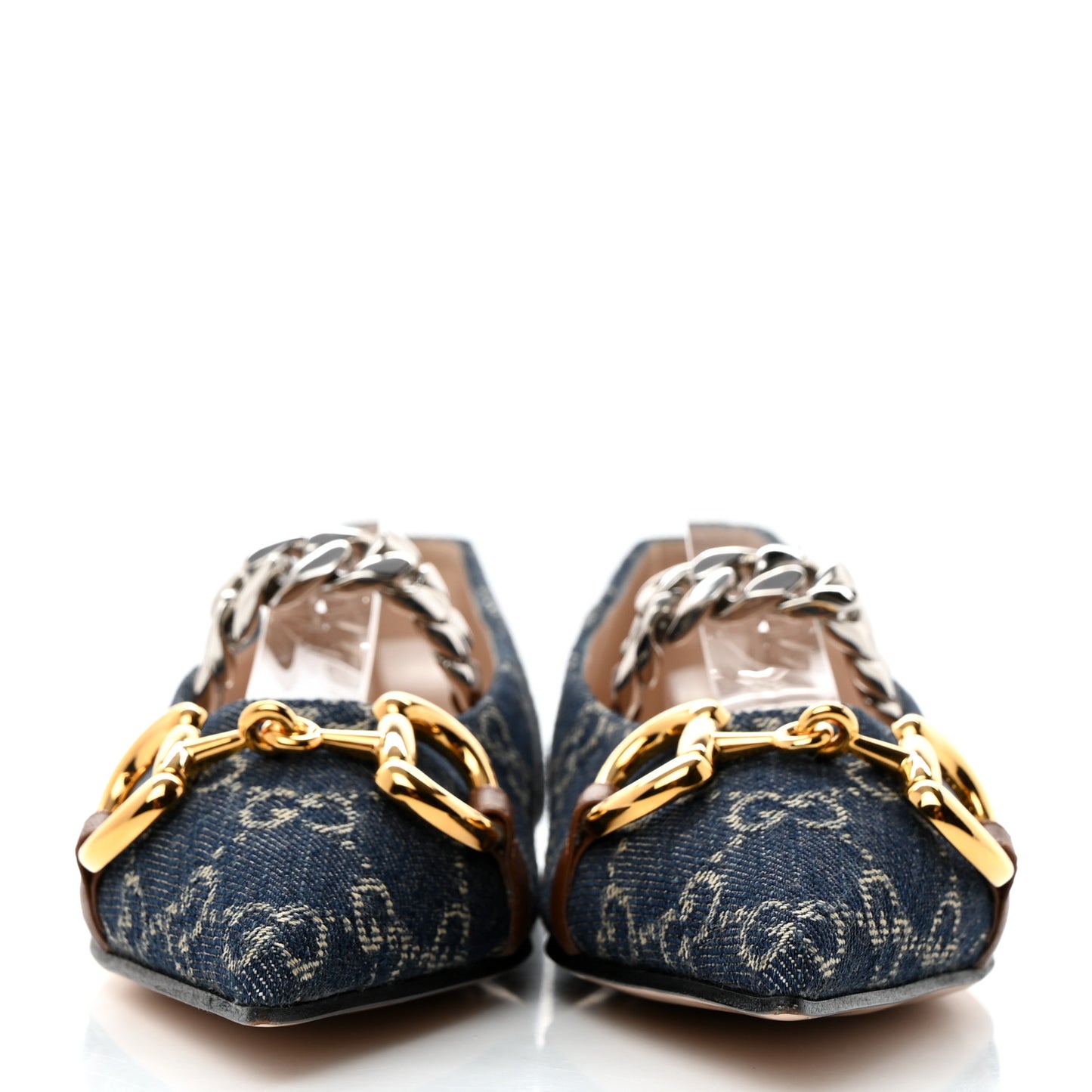 New Denim GG Monogram Nappa Deva Horsebit Chain Embellished Flats 35.5 Blue Tea Cuir Epilog