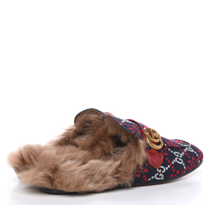 Gucci Canvas GG Monogram Diamond Fur Web GG Mens Princetown Slippers 9 Midnight Blue Hibiscus Red 4 of 8