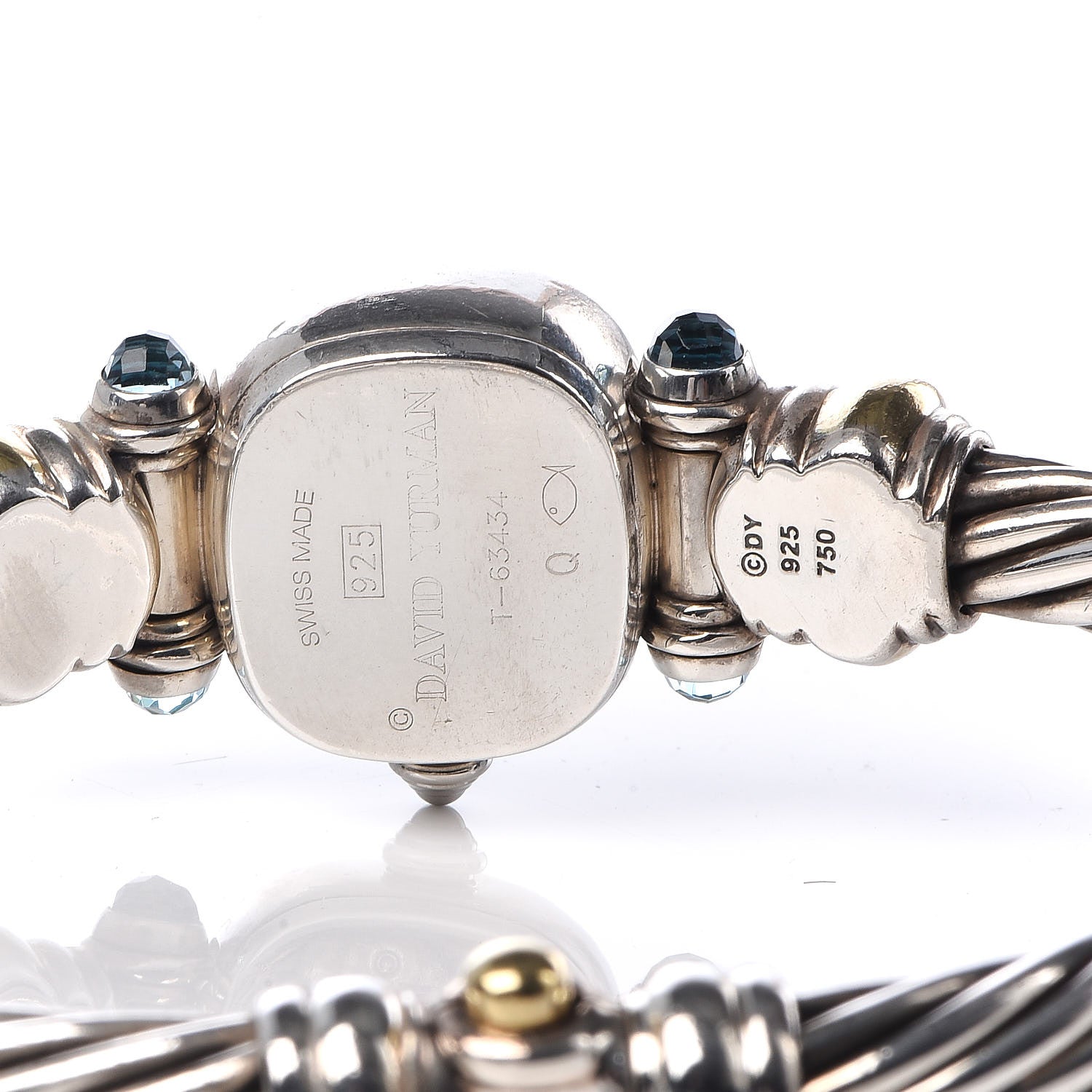David Yurman Sterling Silver 18K Yellow Gold Diamond Blue Mother of Pearl Blue Topaz 21mm Classic Cable Quartz Watch 5 of 7