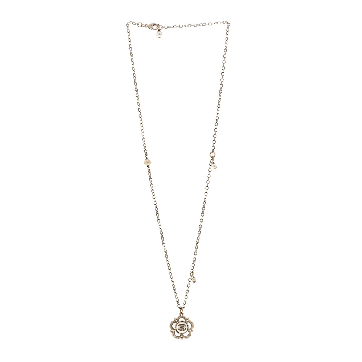 Pearl Crystal CC Pendant Necklace Gold