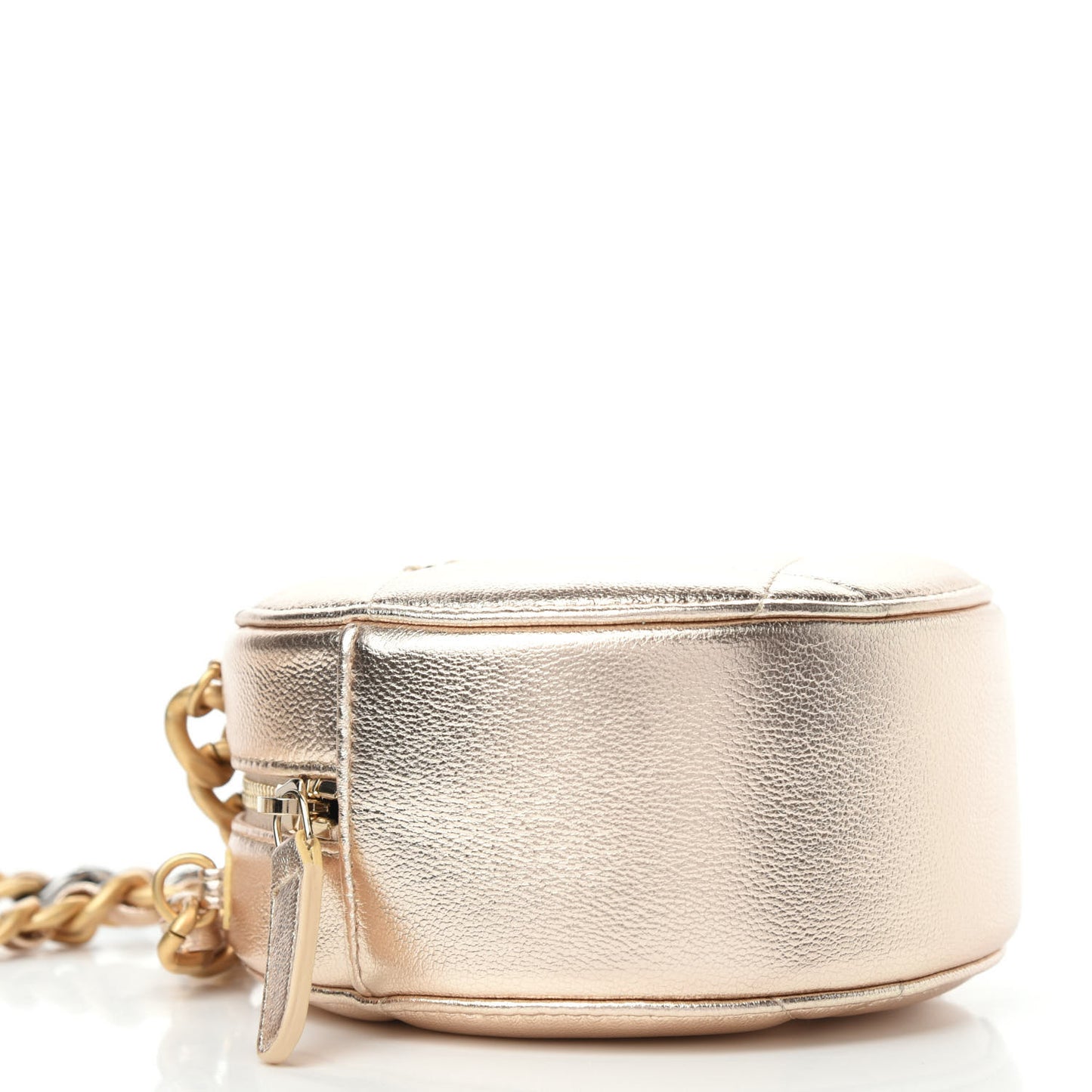 Metallic Lambskin Quilted Chanel 19 Round Clutch With Chain Gold