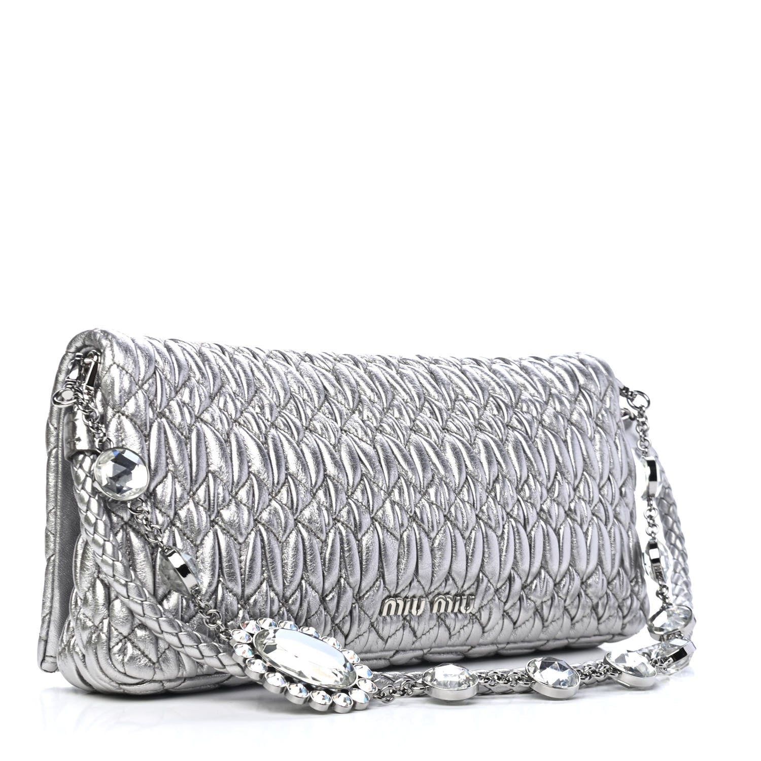 Miu Miu Metallic Nappa Matelasse Crystal Flap Clutch Cromo 2 of 4
