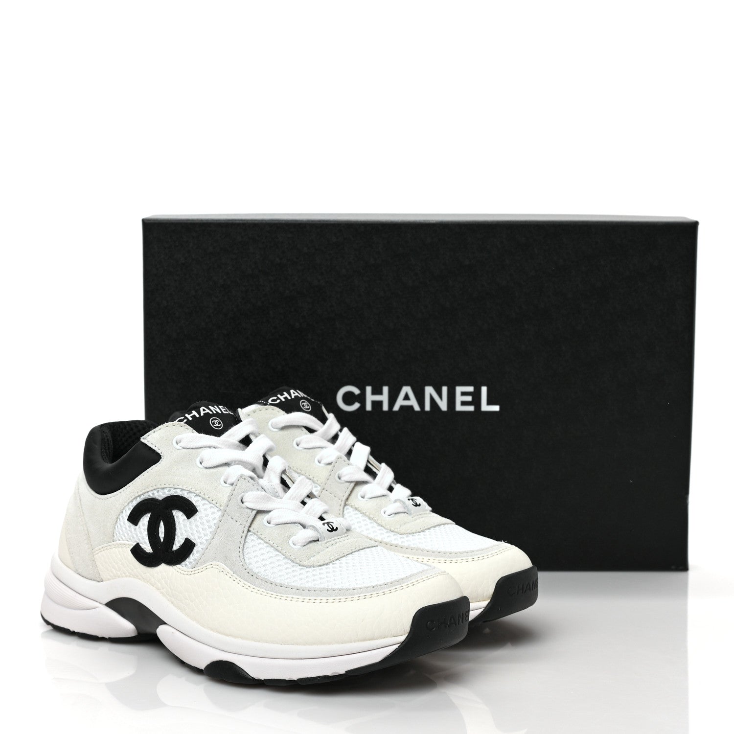 Chanel Mesh Suede Calfskin Grained Calfskin Womens CC Sneakers 37 White Black 9 of 10