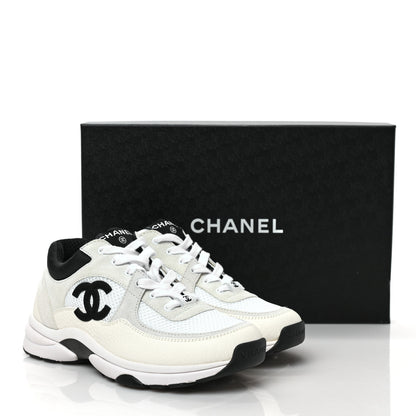 Chanel Mesh Suede Calfskin Grained Calfskin Womens CC Sneakers 37 White Black 9 of 10