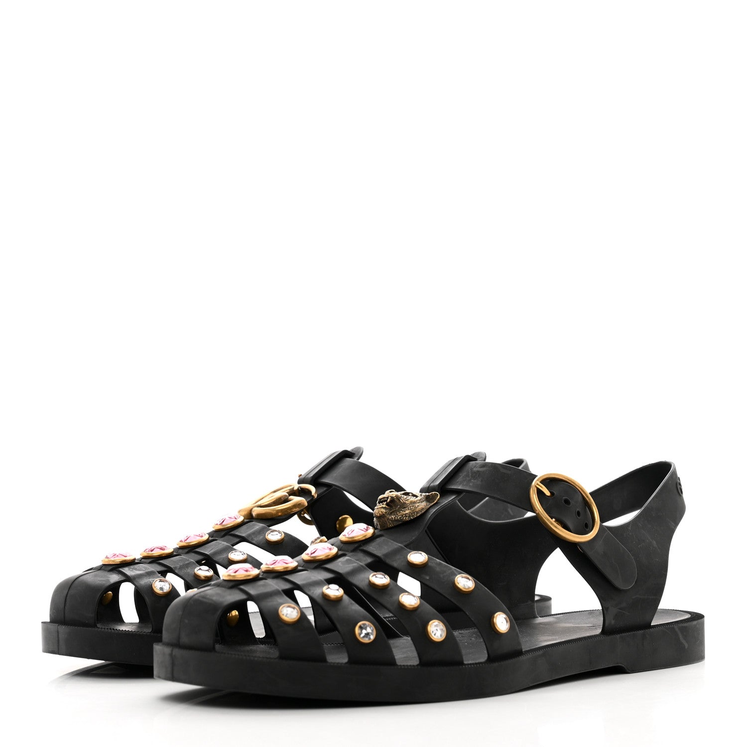 Gucci Rubber Crystal Womens Buckle Strap Sandals 40 Black 3 of 8