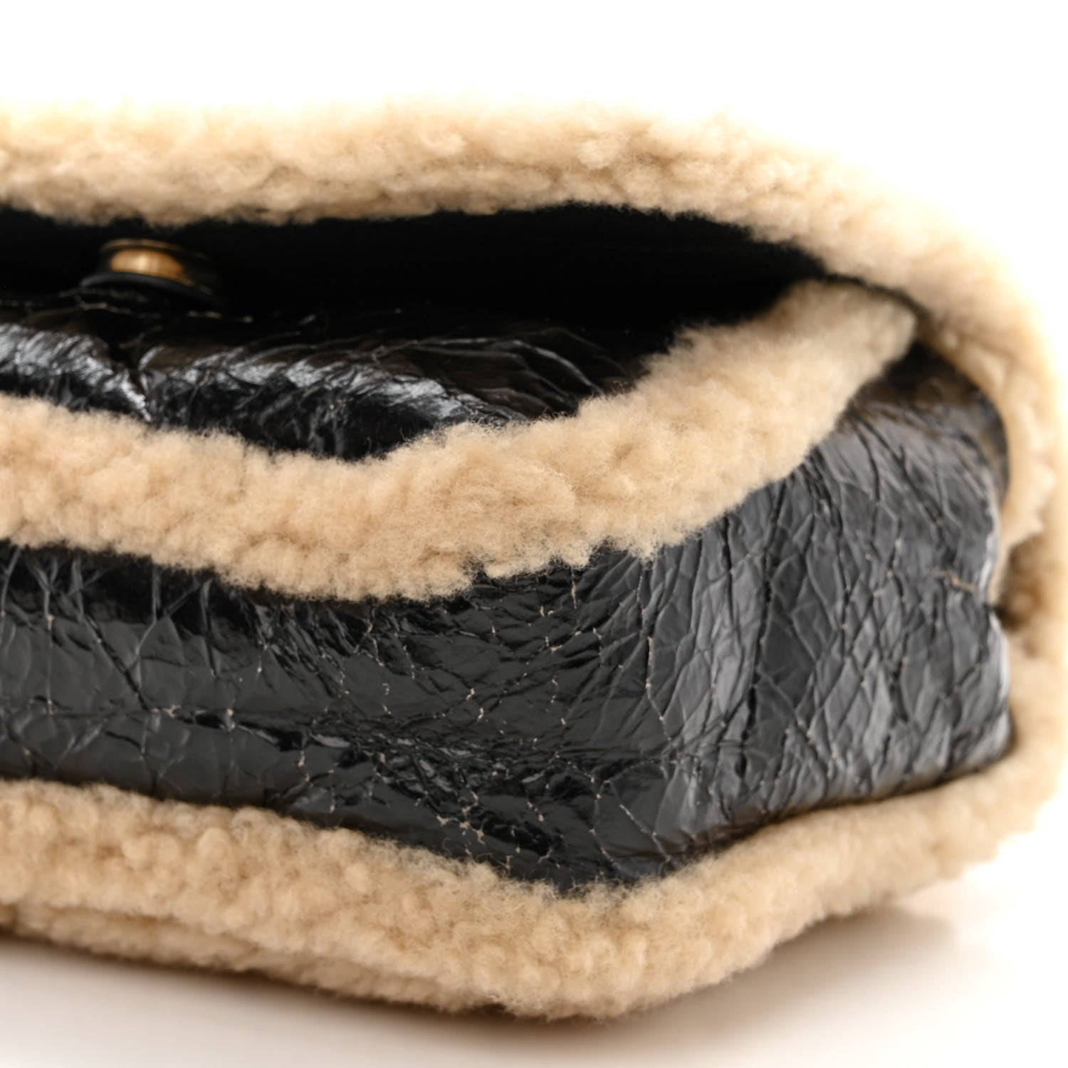 Chanel Shiny Crumpled Sheepskin Shearling CC Mania Flap Bag Black Beige 10 of 14