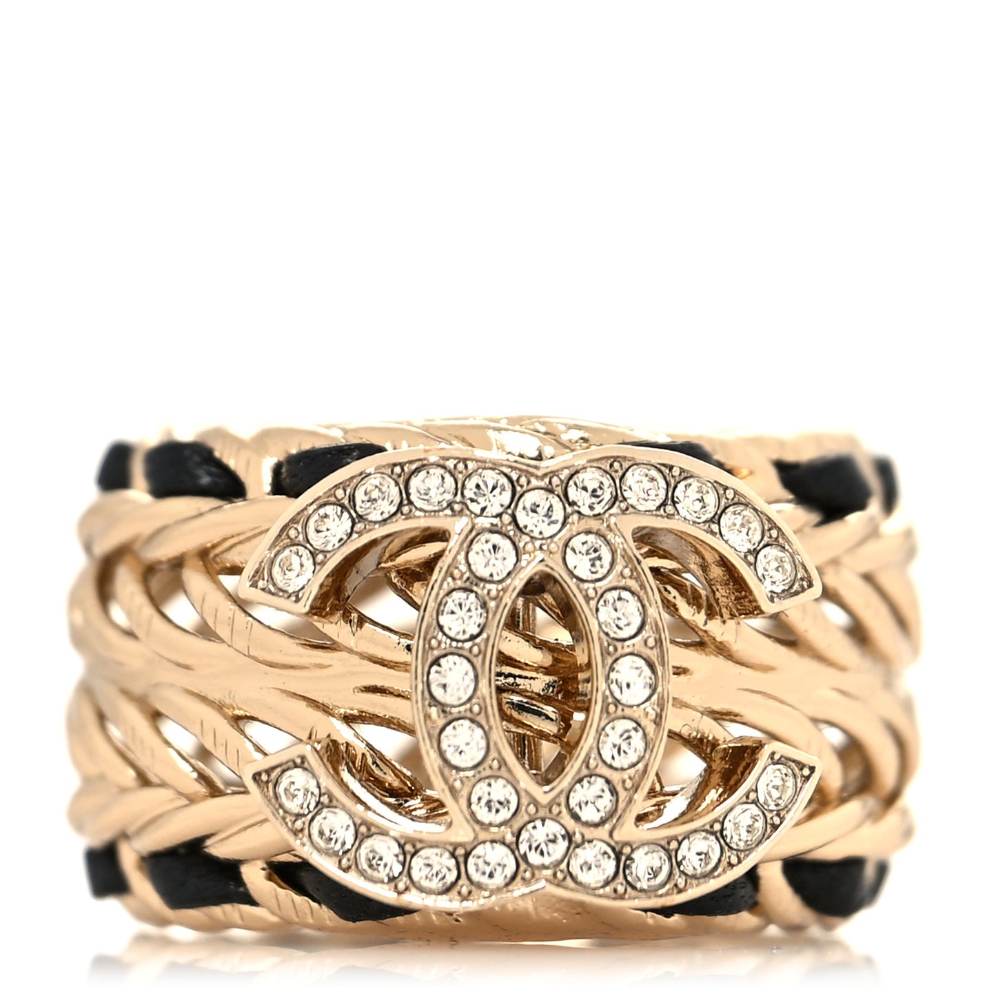 Metal Crystal Lambskin CC Ring 54 Gold Black