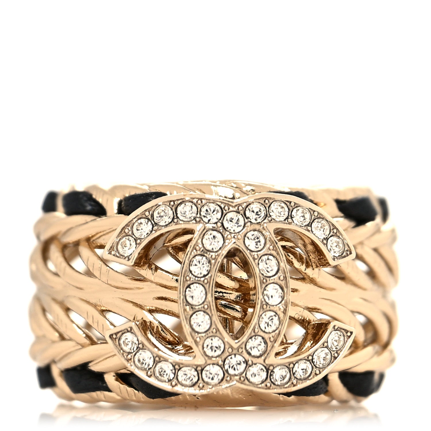 Chanel Metal Crystal Lambskin CC Ring 54 Gold Black 1 of 5