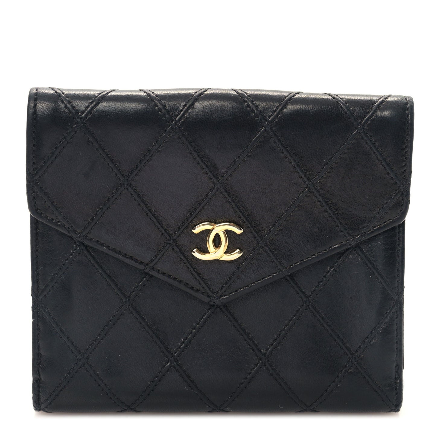 Calfskin Diamond Stitched Compact Wallet Black