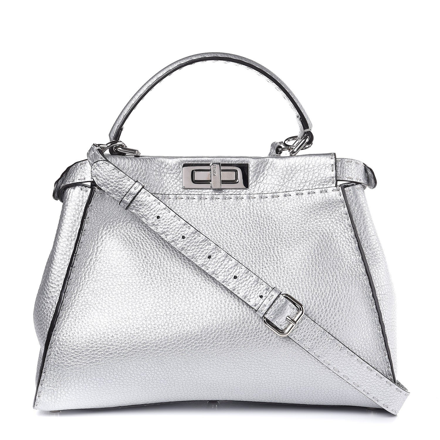 Fendi Cuoio Romano Lux Selleria Medium Peekaboo Iconic Satchel Argento 1 of 9