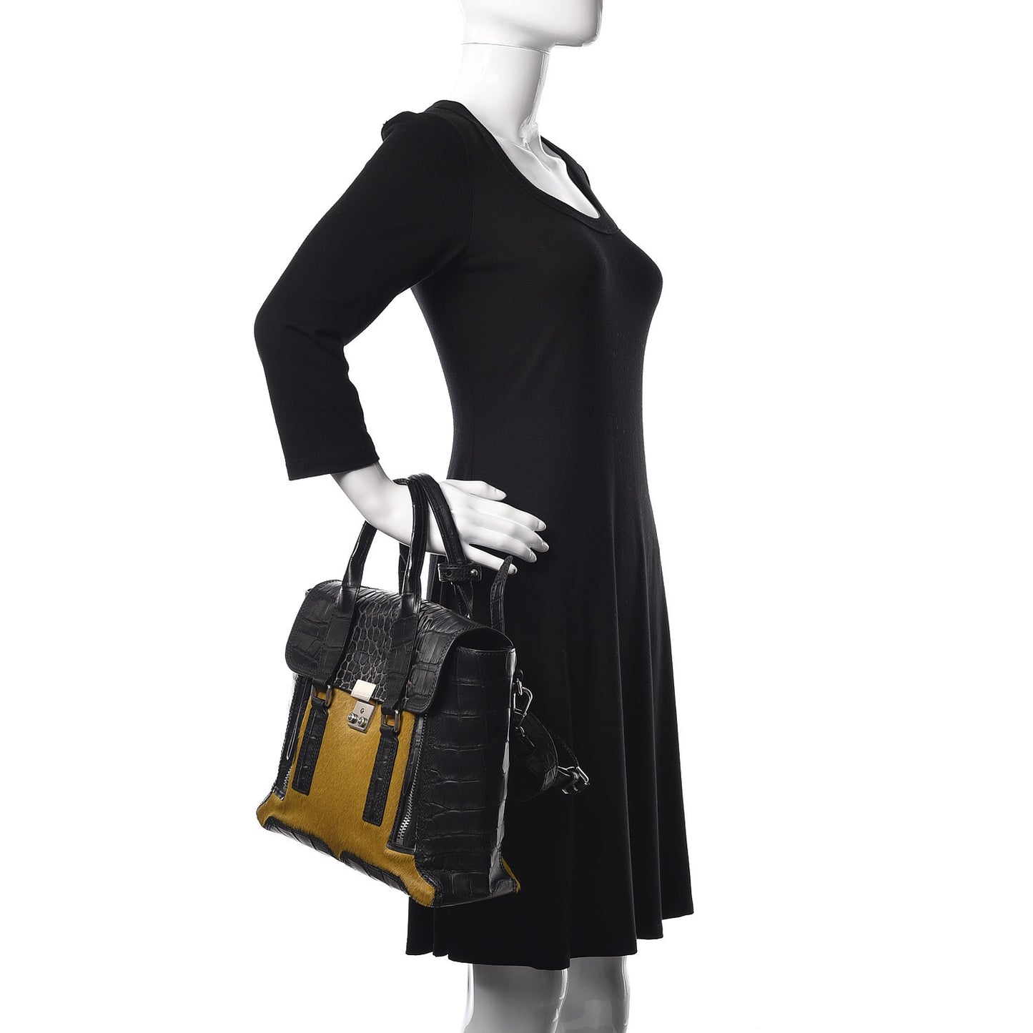 3.1 Calf Hair Calfskin Crocodile Embossed Medium Pashli Satchel Antique Grey Olive