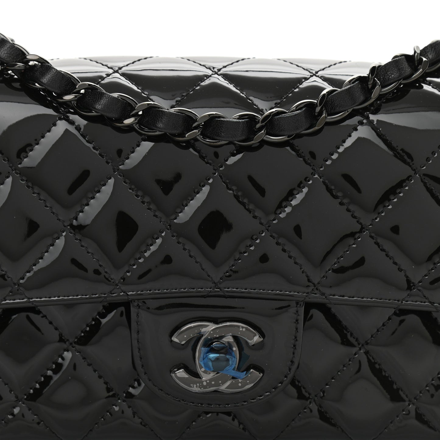 Patent Calfskin Quilted Mini Rectangular Flap So Black