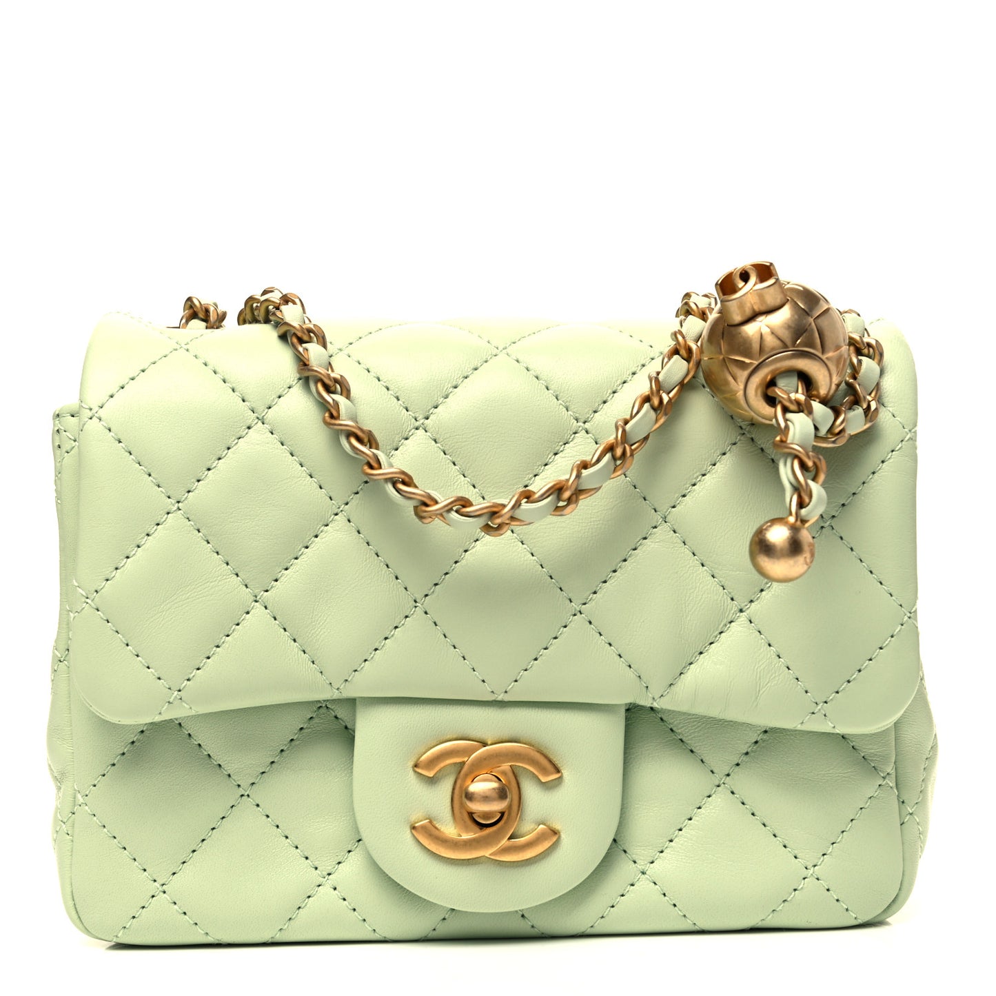 Lambskin Quilted Mini Pearl Crush Flap Light Green