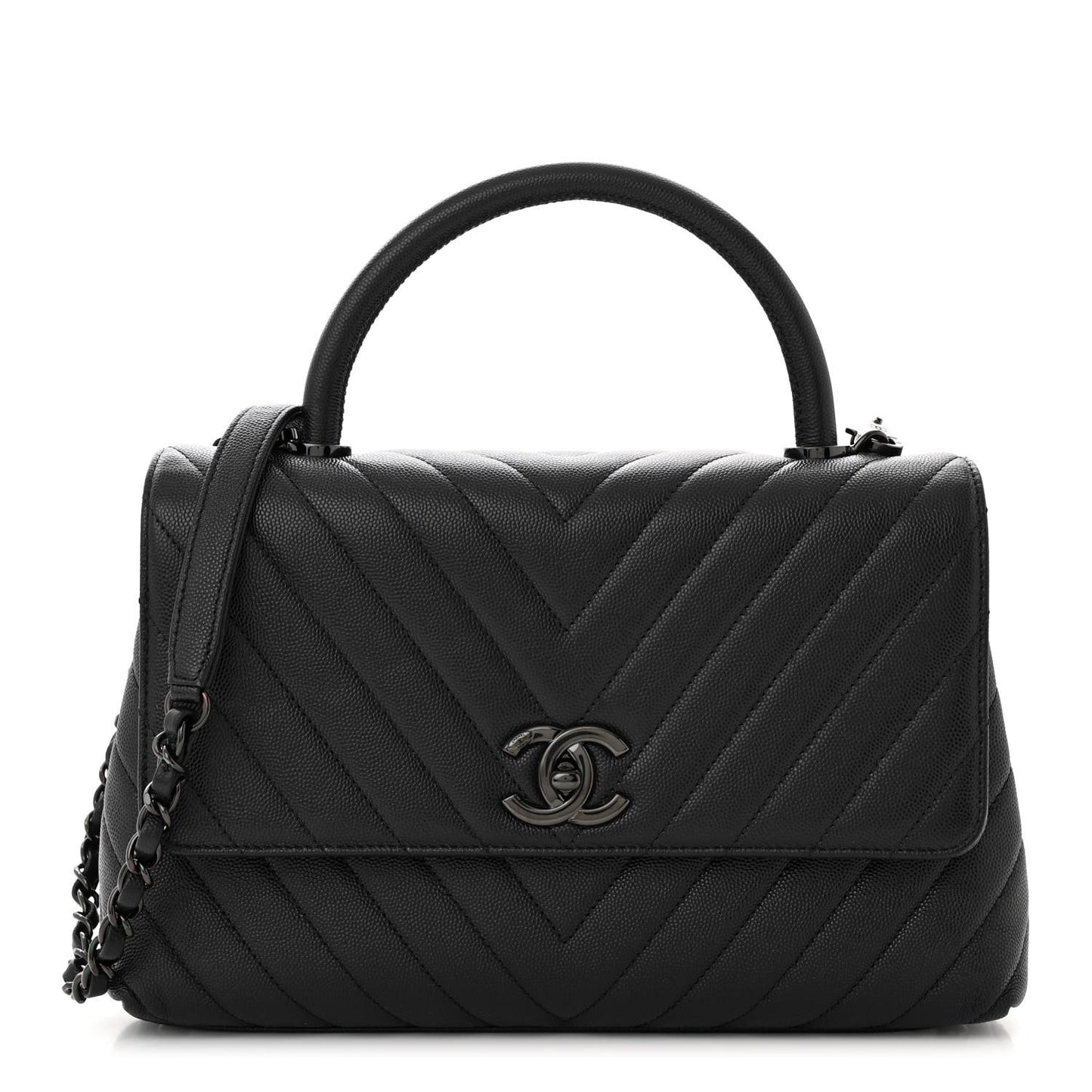 Caviar Chevron Quilted Small Coco Handle Flap So Black