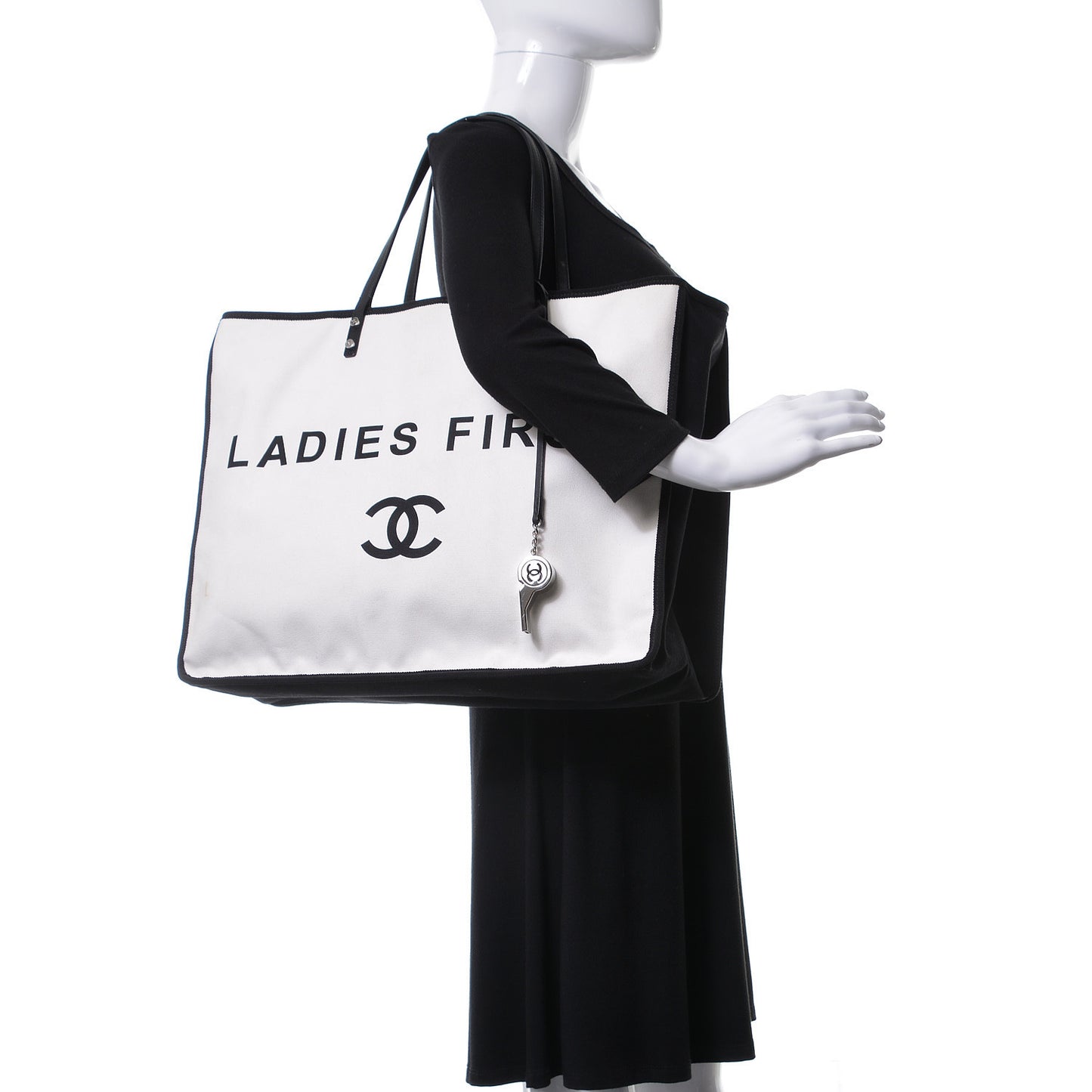 Canvas Calfskin Large Let's Demonstrate Tote White Black