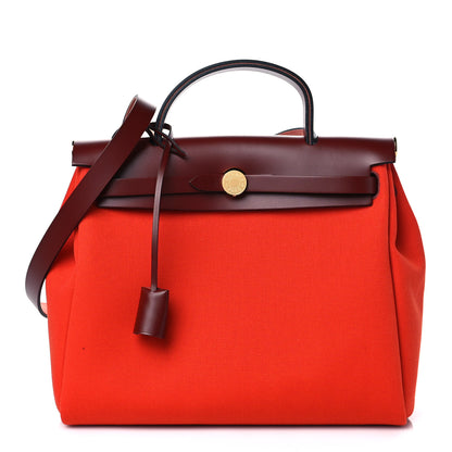 Hermes Vache Hunter Toile Herbag Zip Retourne 31 PM Orange Mecano Rouge H 2 of 10