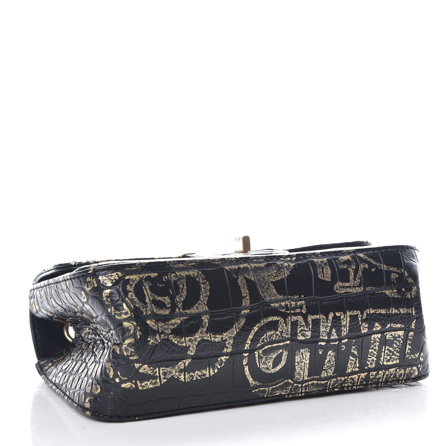 Chanel Calfskin Crocodile Embossed Graffiti 2.55 Mini Cocodile Reissue Flap Black Gold 4 of 10