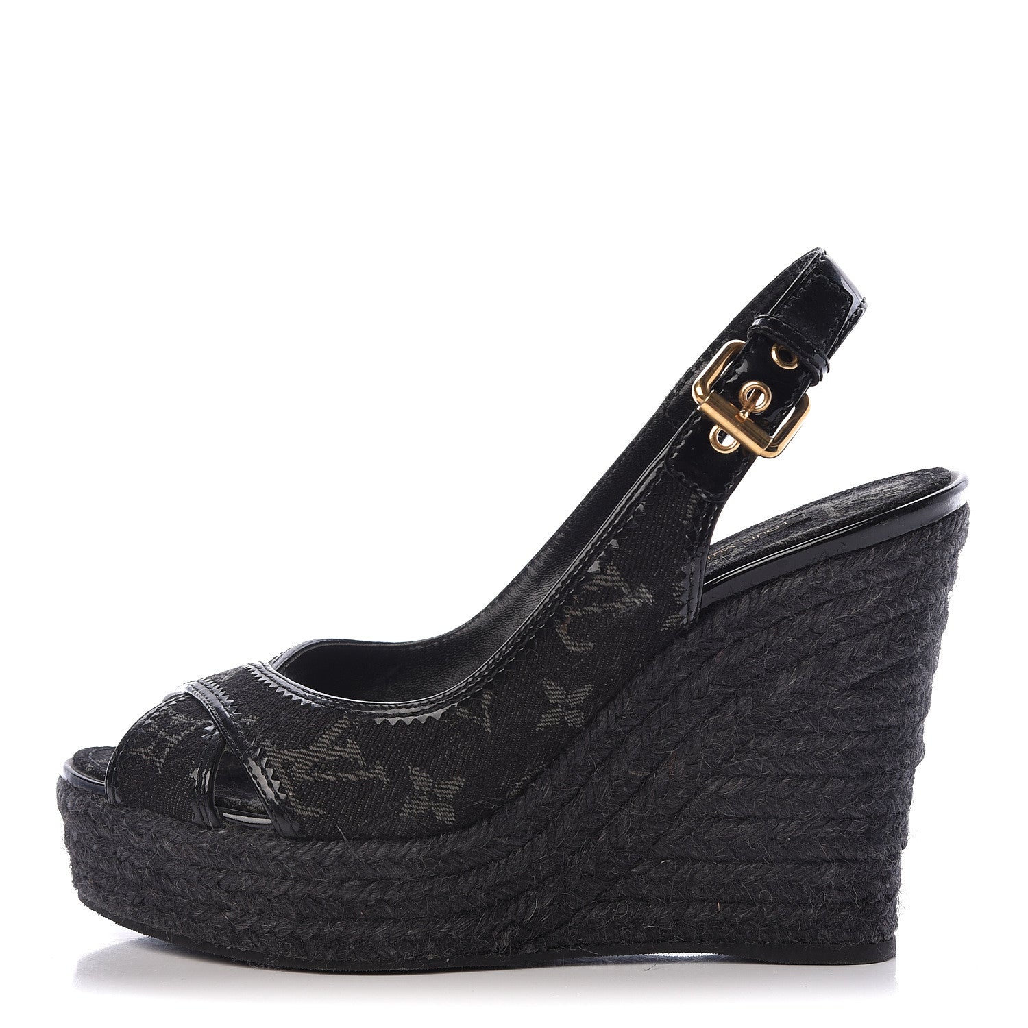 Louis Vuitton Denim Patent Espadrille Wedges 38 Black 1 of 8