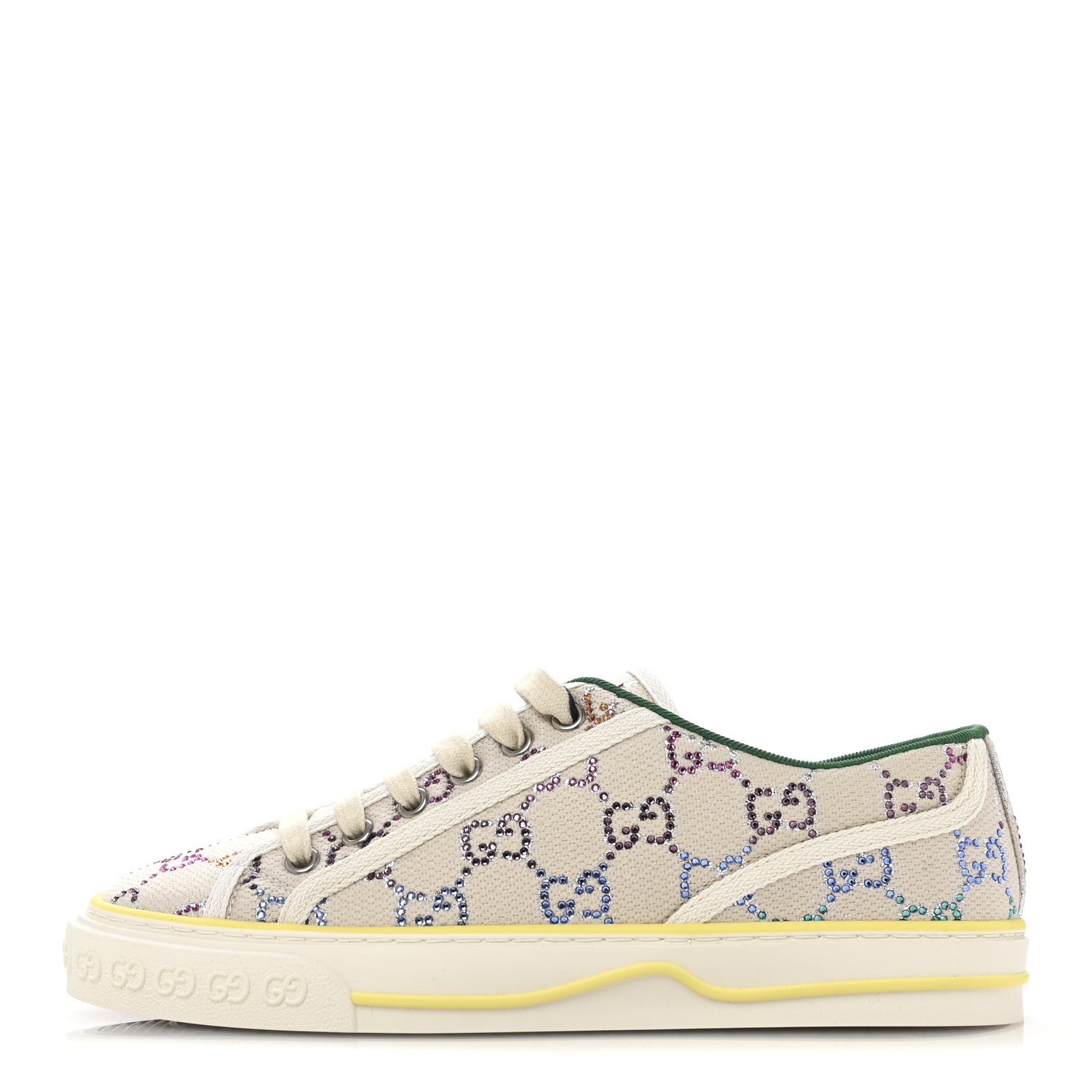 Gucci Canvas Lame Crystal GG Monogram Womens 1977 Tennis Sneakers 37.5 Gardenia Silver Mystic White 1 of 8