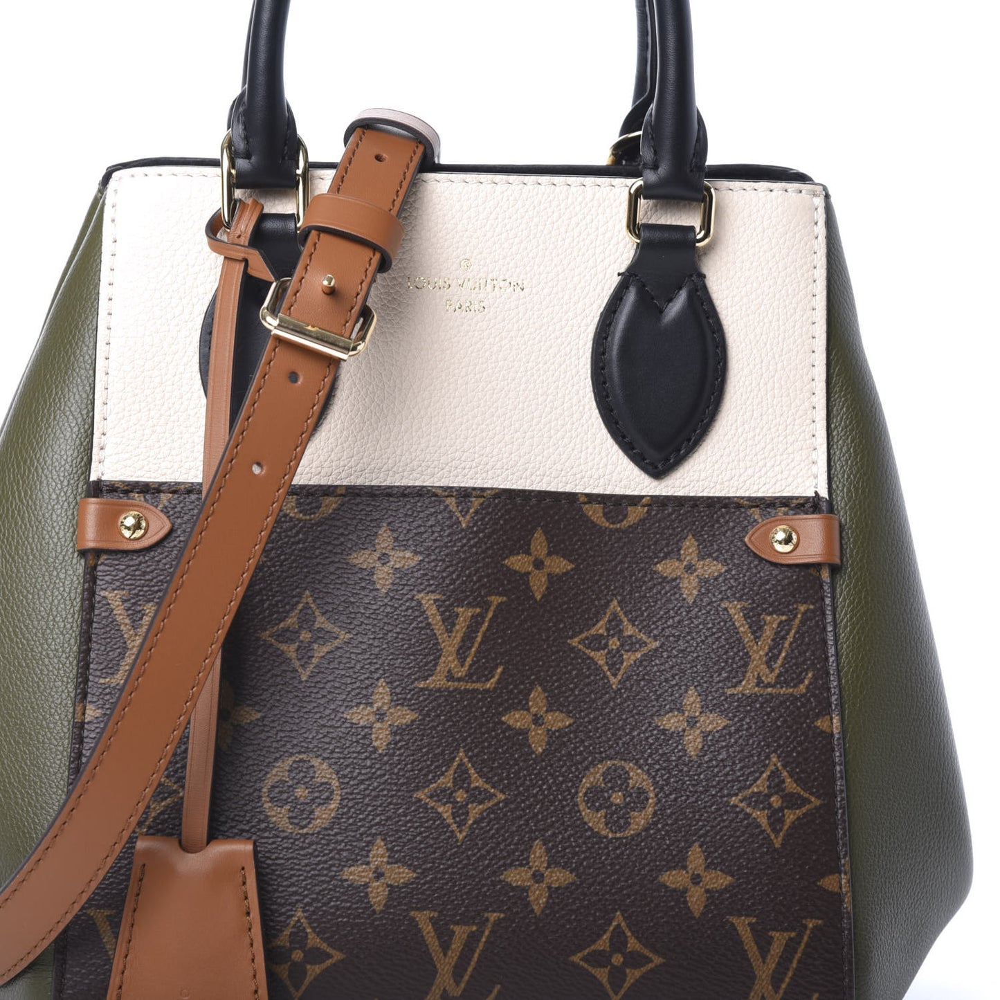 Calfskin Monogram Fold Tote MM Black Khaki Cream