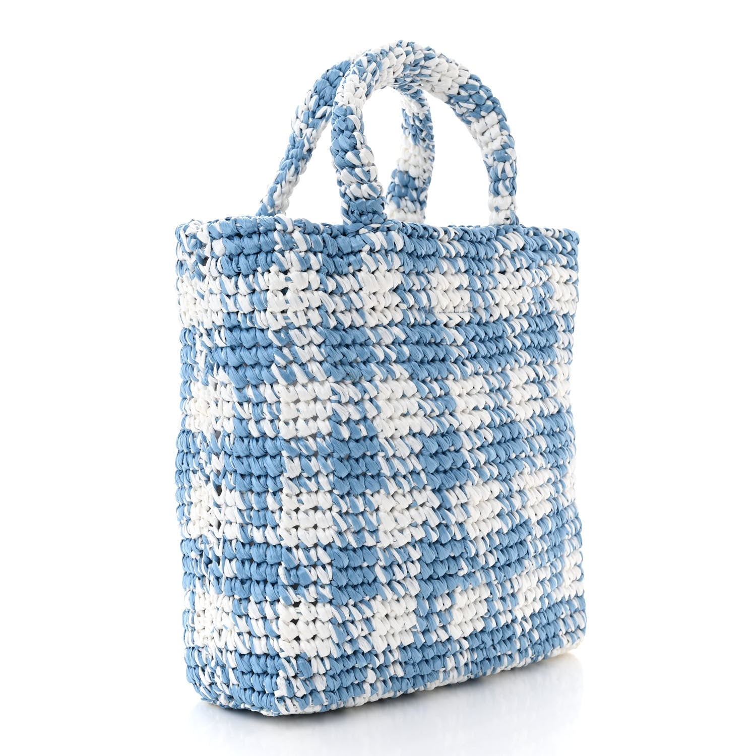 Prada Yarn Raffia Effect Crochet Embroidered Small Logo Tote Celeste 3 of 9