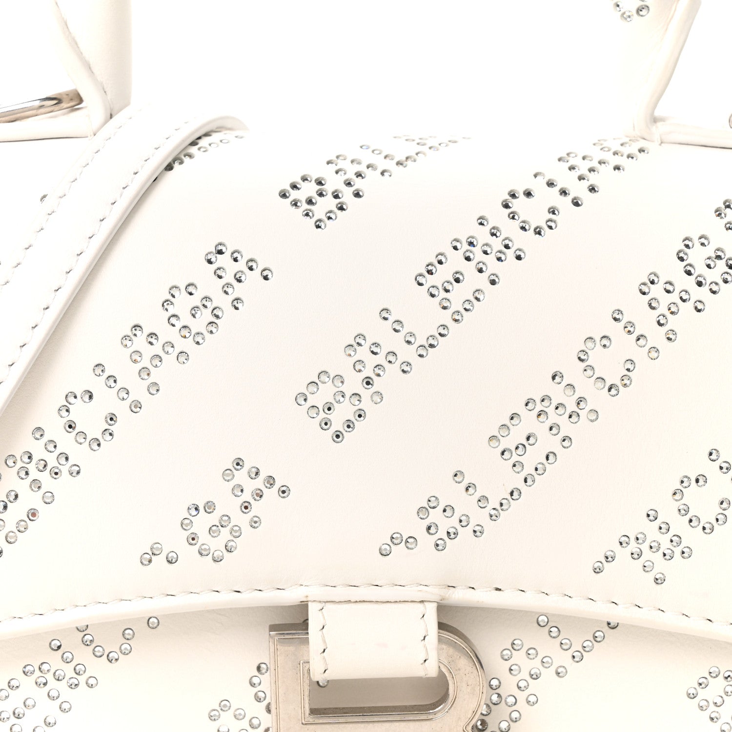 Balenciaga Smooth Calfskin Crystal Diagonal Allover Logo Hourglass Top Handle Bag XS Optic White 9 of 11