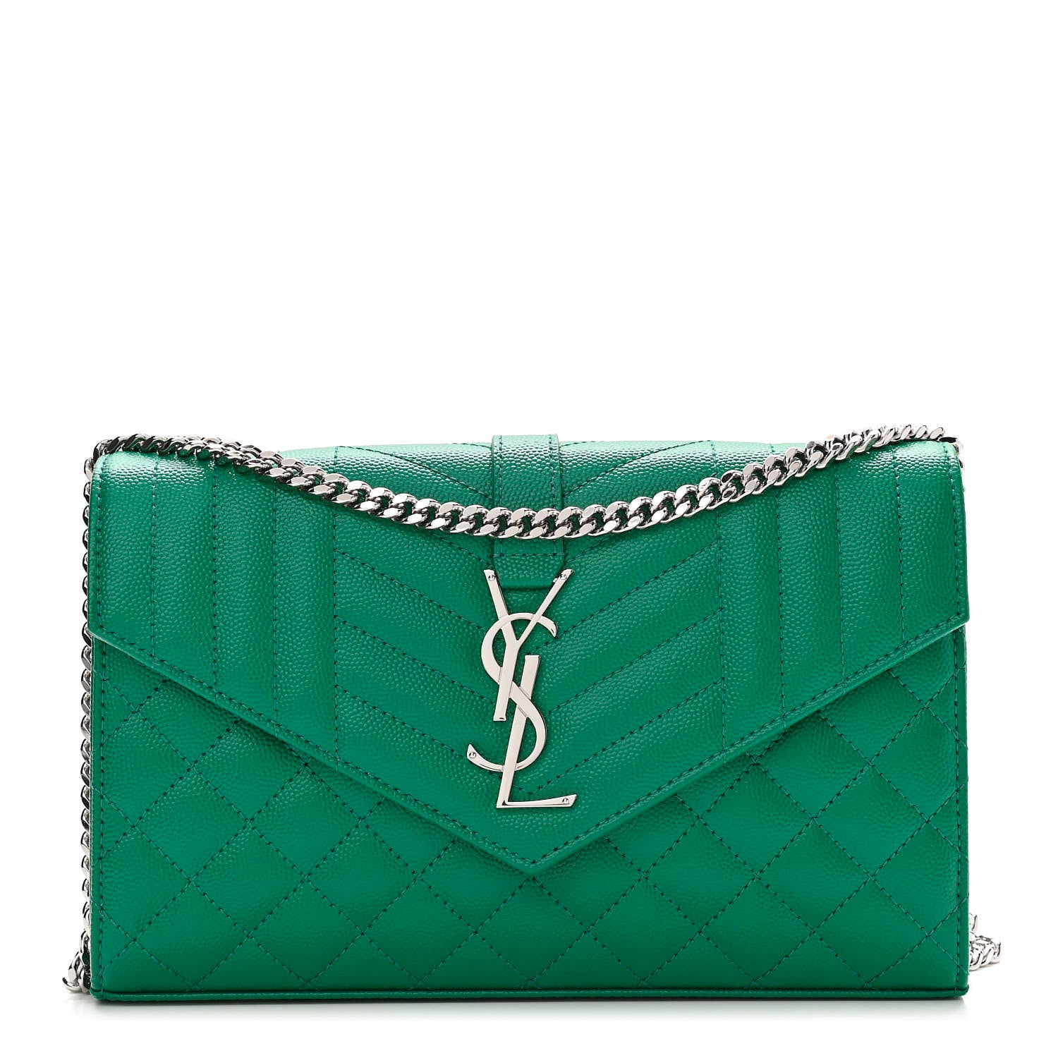Saint Laurent Grain De Poudre Mixed Matelasse Triquilt Monogram Chain Wallet Malachite 1 of 10