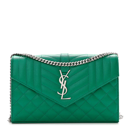 Saint Laurent Grain De Poudre Mixed Matelasse Triquilt Monogram Chain Wallet Malachite 1 of 10