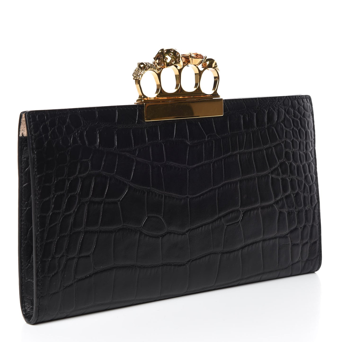 Calfskin Crocodile Embossed Knuckle Flat Clutch Black Gold