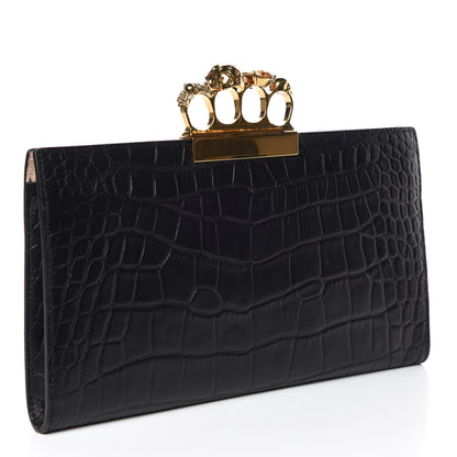 Alexander McQueen Calfskin Crocodile Embossed Knuckle Flat Clutch Black Gold 3 of 10