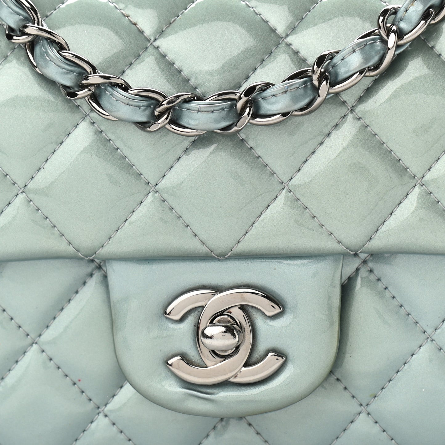 Patent Calfskin Quilted Mini Rectangular Flap Light Blue