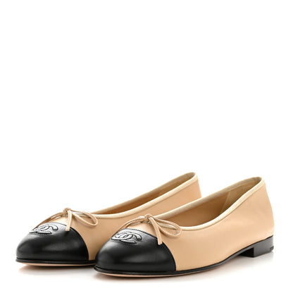Chanel Lambskin Cap Toe CC Ballerina Flats 38 Beige Black 4 of 11