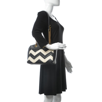 Gucci Calfskin Matelasse Medium GG Marmont Open Top Shoulder Bag Black White 2 of 9