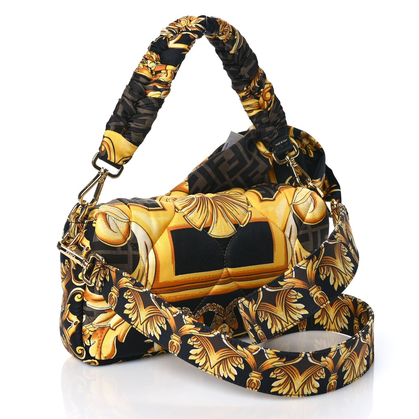 X VERSACE Silk Fendace FF Baroque Quilted Scarf Baguette Black Gold