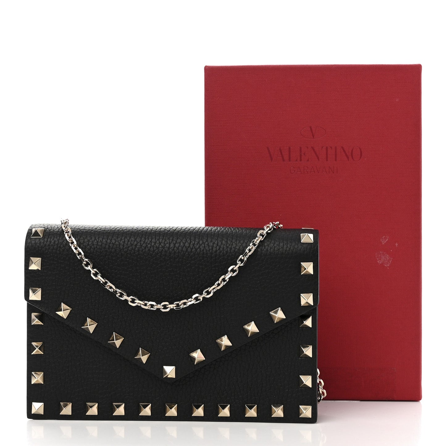 Pebbled Calfskin Rockstud Envelope Wallet on Chain Black