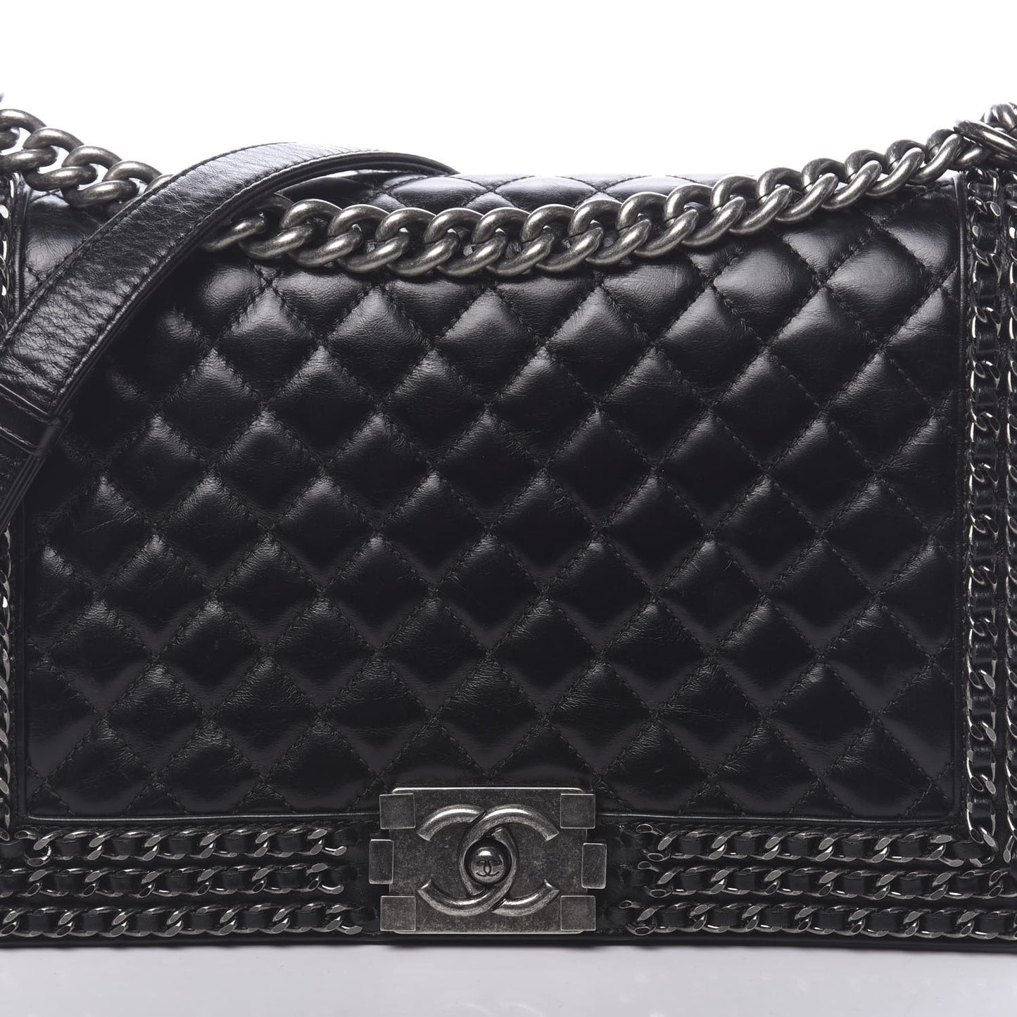 Glazed Calfskin Quilted New Medium Boy Chained Flap Black