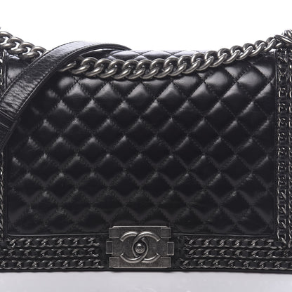 Chanel Glazed Calfskin Quilted New Medium Boy Chained Flap Black 10 of 10