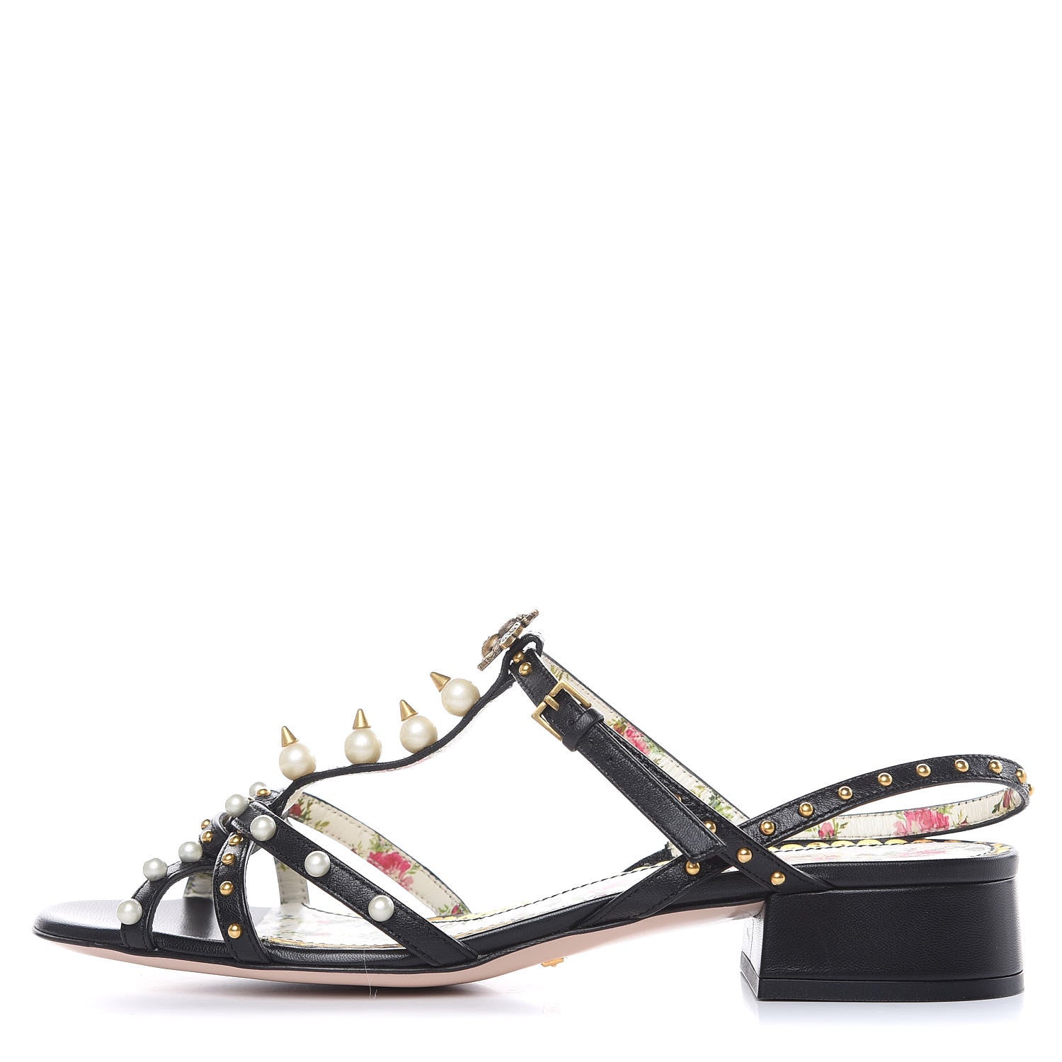 Gucci Malaga Kid Pearl Studded Regina T-Strap Low Heel Sandals 37 Black 1 of 10