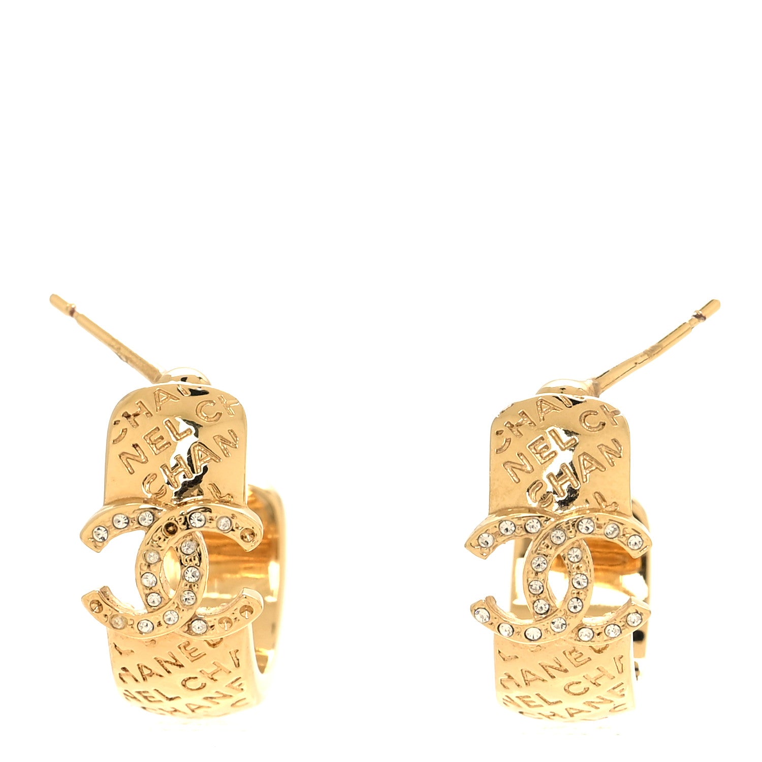 Chanel Metal Crystal CC Logo Hoop Earrings Gold 1 of 6