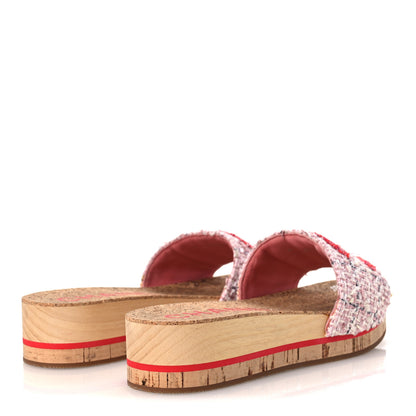 Chanel Tweed Lambskin Cork CC Mule Sandals 36 Pink Red 5 of 10