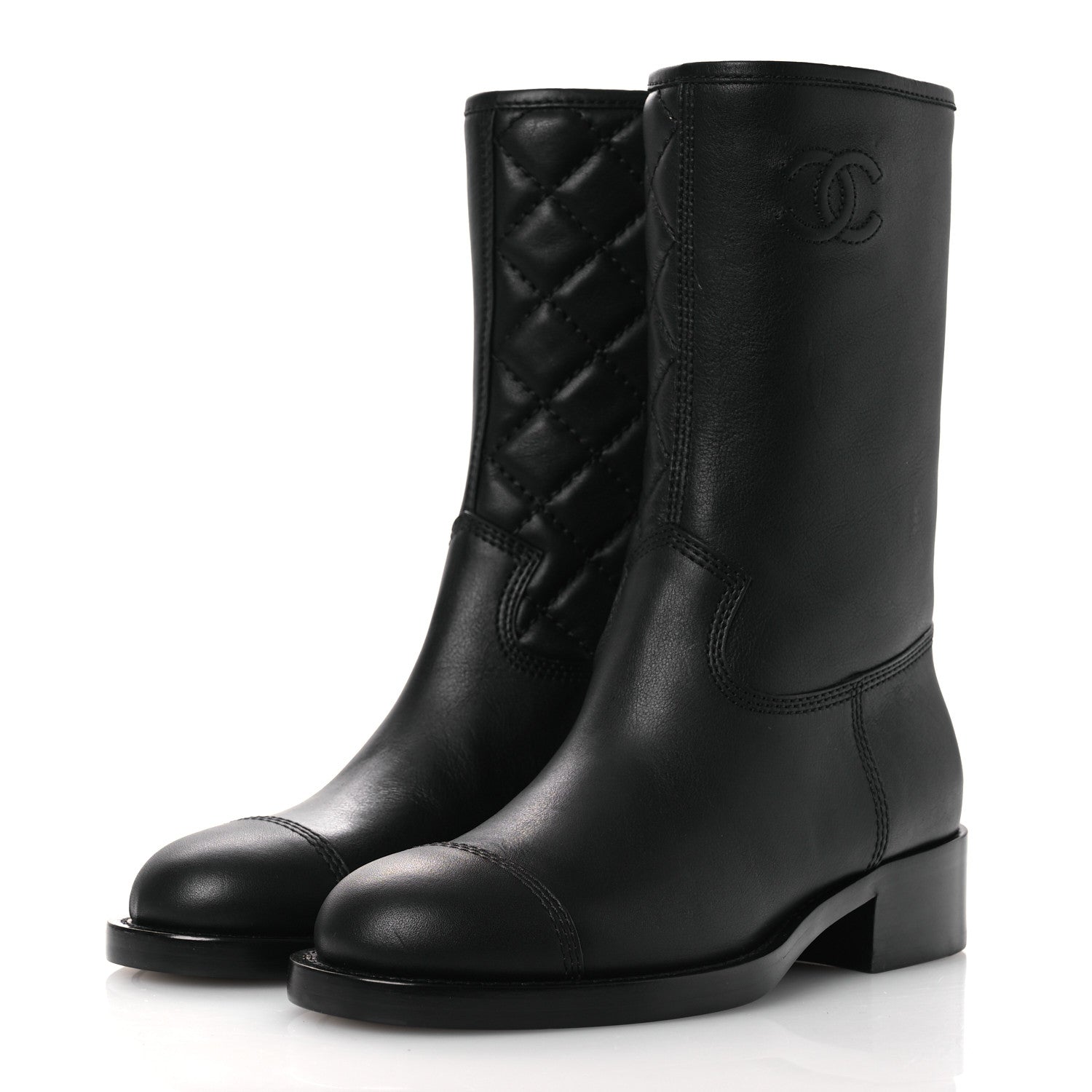 Chanel Calfskin Quilted CC Logo Mid Calf Boots 35 Black 4 of 11
