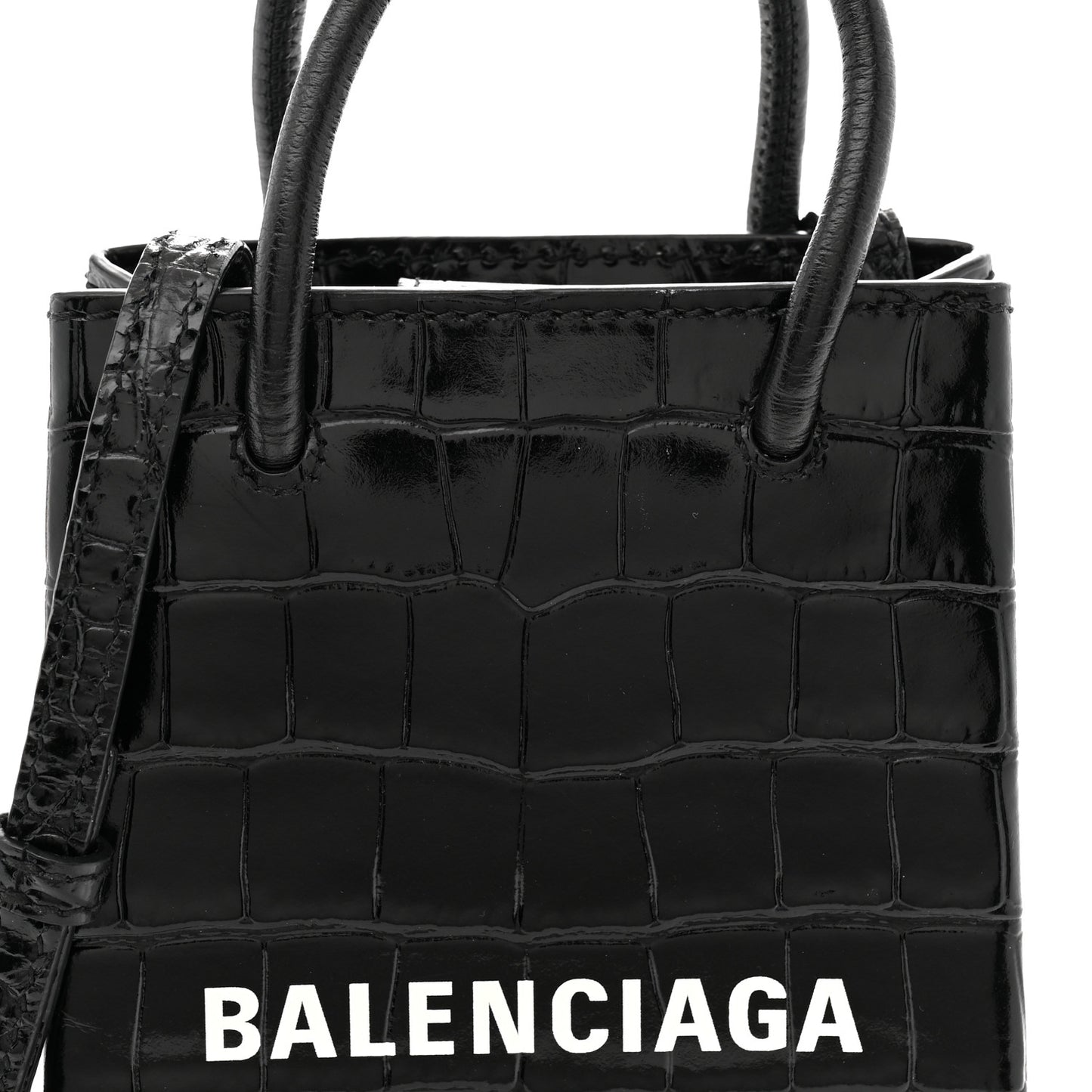 Calfskin Crocodile Embossed Logo Shopping Phone Holder Bag Black