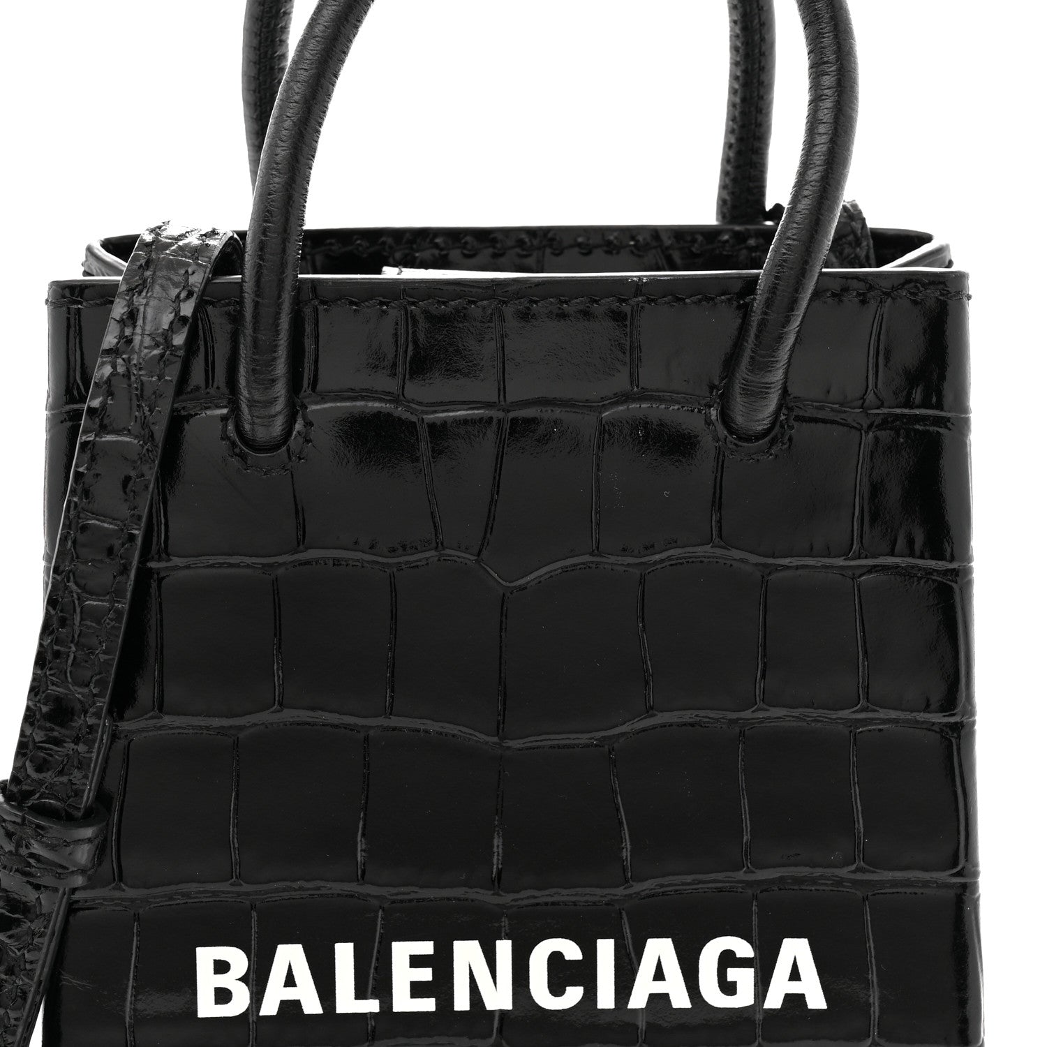 Balenciaga Calfskin Crocodile Embossed Logo Shopping Phone Holder Bag Black 7 of 9