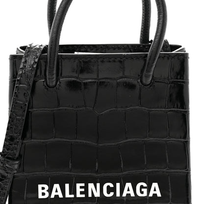 Balenciaga Calfskin Crocodile Embossed Logo Shopping Phone Holder Bag Black 7 of 9