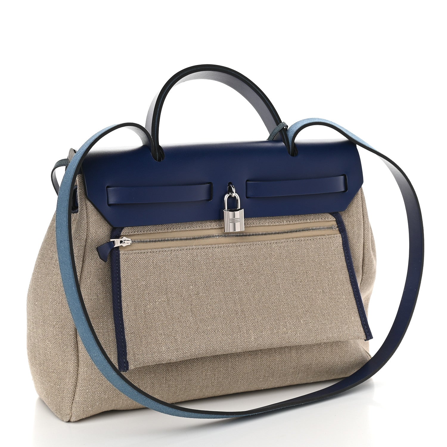 Hermes Military Toile Vache Hunter Herbag Zip Retourne 31 PM Bleu De France Ecru 4 of 8