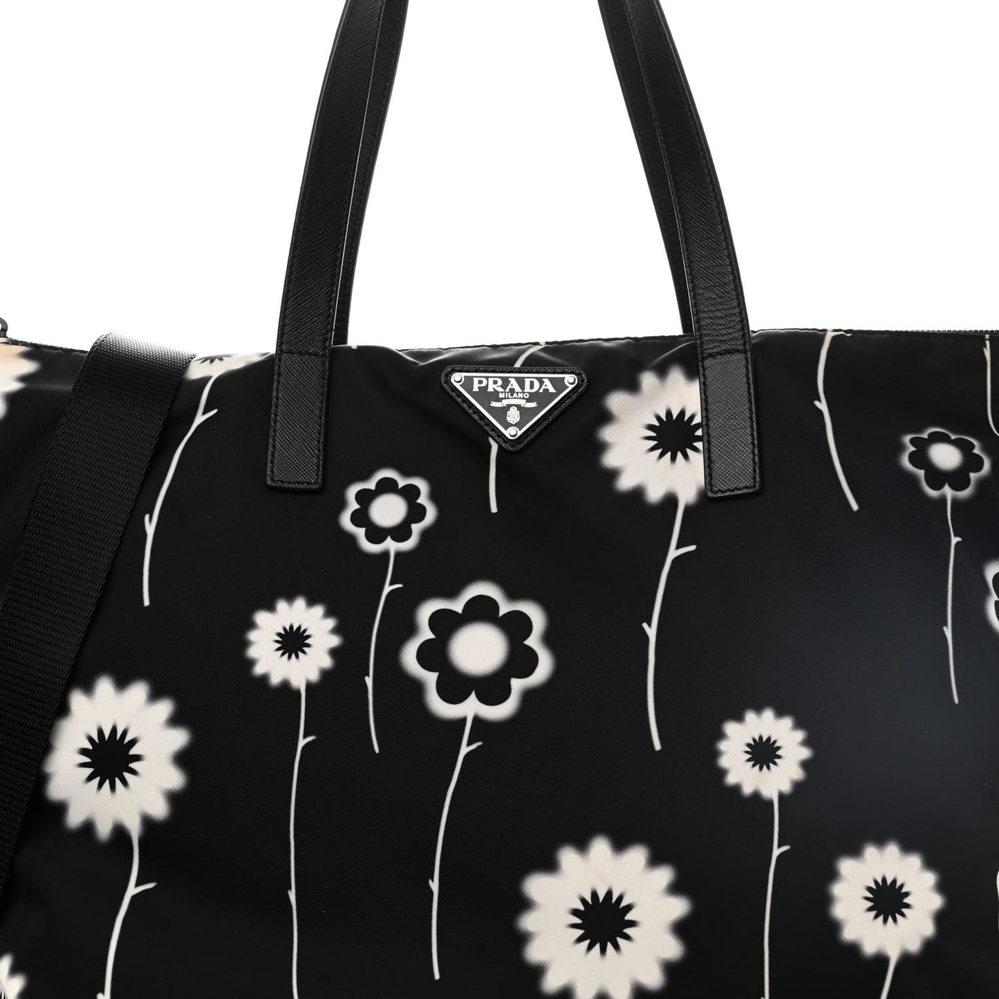 Tessuto Stampato Nylon Saffiano Floral Print Tote Black White