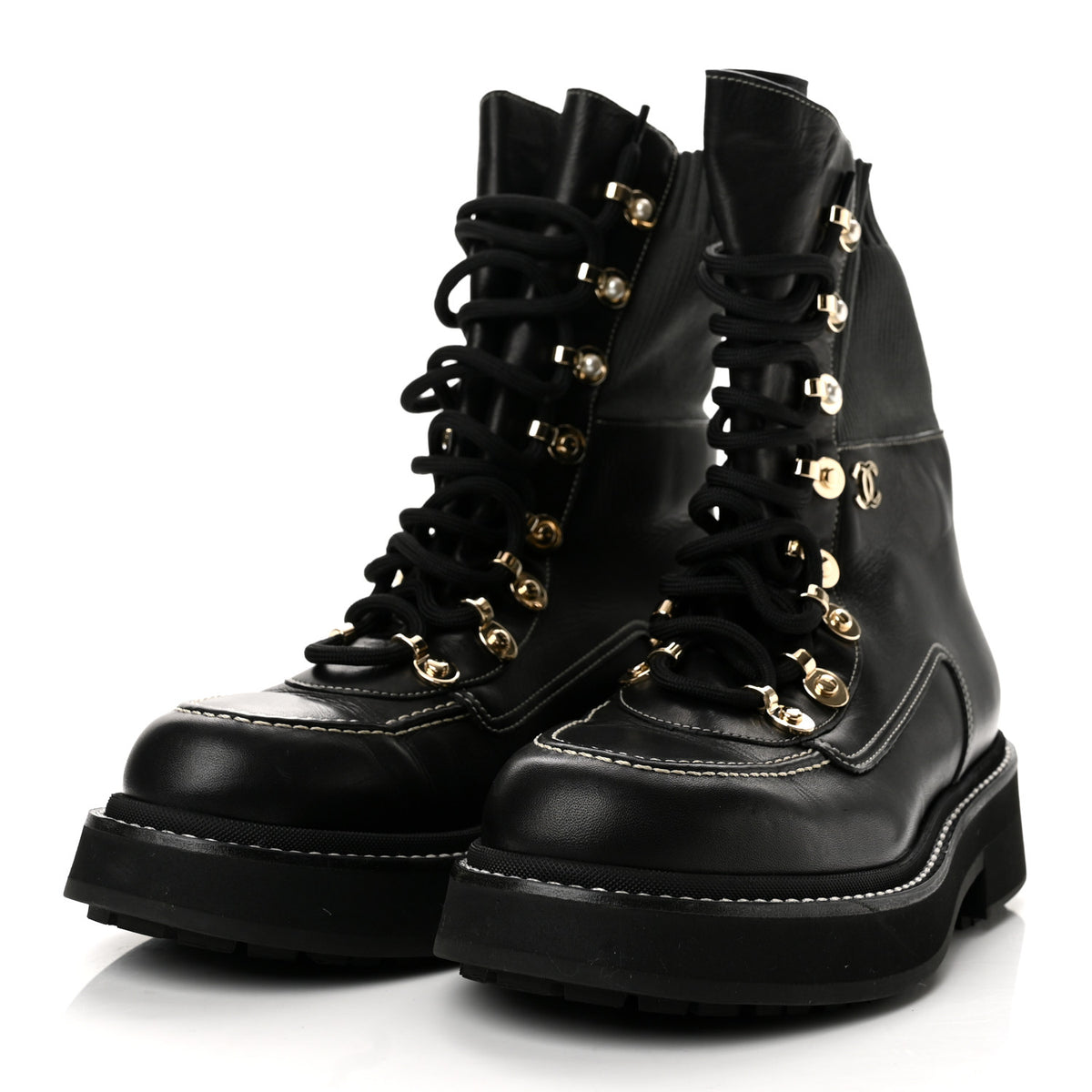Calfskin Knit Lace Up Combat Boots 38.5 Black Dark Grey