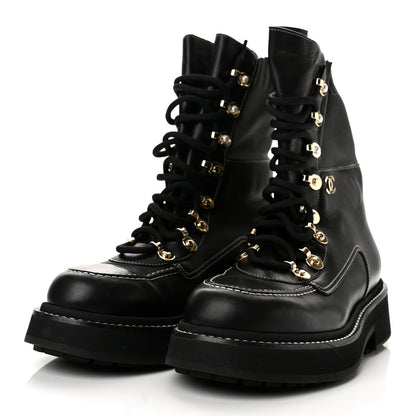 Chanel Calfskin Knit Lace Up Combat Boots 38.5 Black Dark Grey 4 of 10